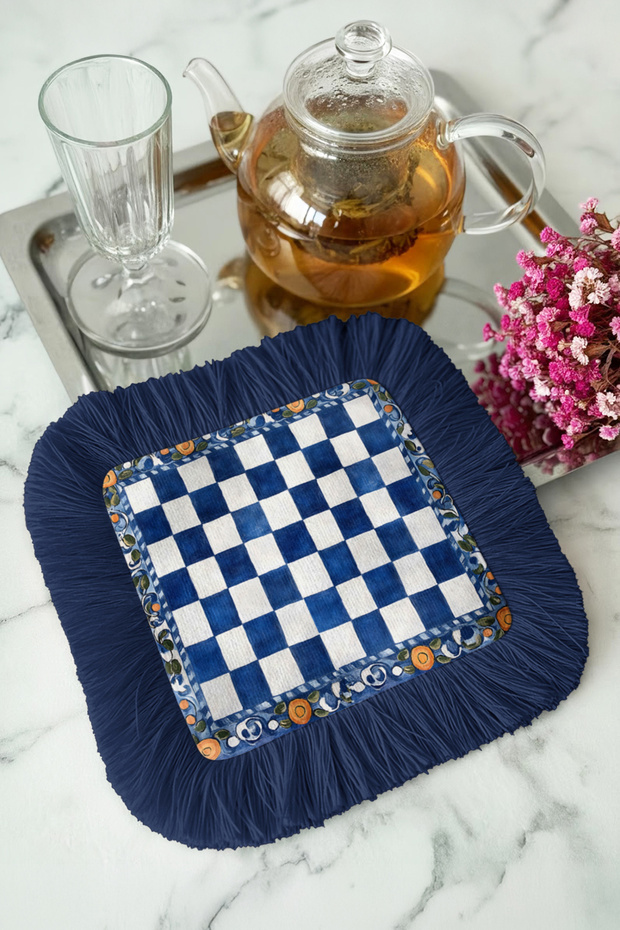 Royal Plaid Square Fringed Presentation Napkin-Modern Marine Navy Blue Floral Coaster Serving Napkin