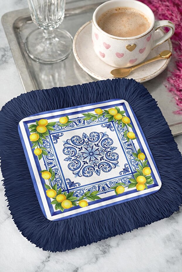 Mediterranean Lemon Motif Fringed Bohemian Presentation Napkin-Majolik Blue Bohemian Yellow Coaster Tissue