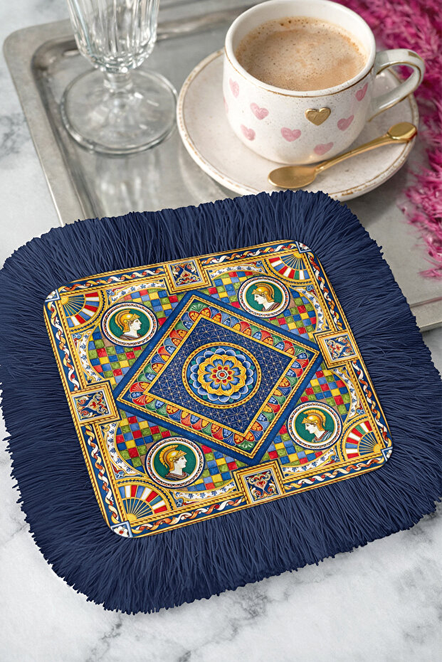 Ancient Roman Motif Fringed Presentation Napkin - Luxurious Classic Bohemian Navy Blue Coaster Tissue