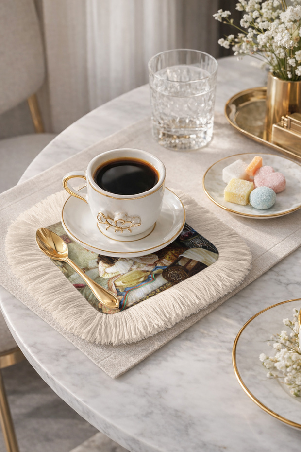 Palace Elegance Fringed Coffee Side Presentation Napkin - Oriental Bohemian Beige Coaster Presentation Handkerchief