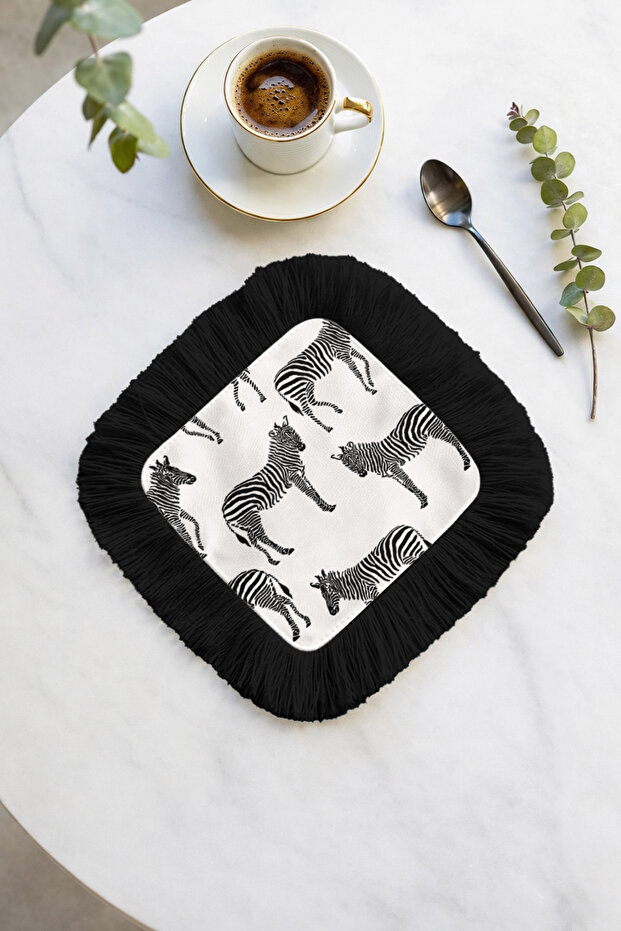 Luxurious Fringed Presentation Napkin with Zebra Motif - Safari Themed Bohemian Black Edged Coaster Tissue