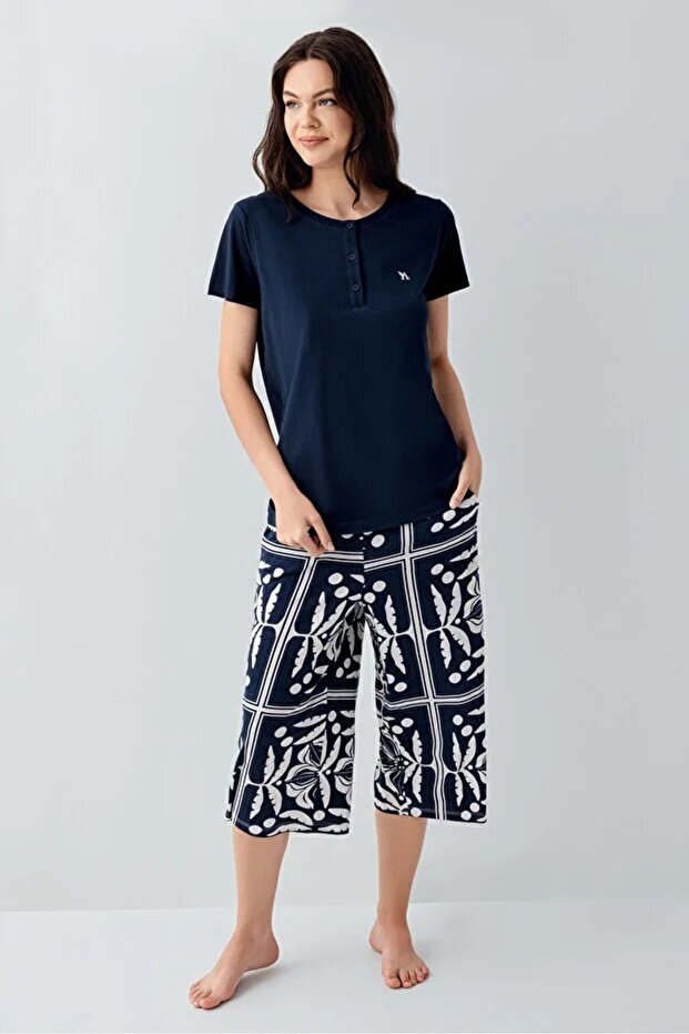 Arnetta Modal Cotton Buttoned Collar Short Sleeves Women's Capri Pajama Set 3566