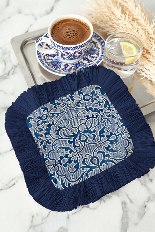 Luxurious Baroque Elegance Fringed Coffee Side Serving Napkin - Elegant Classic Bohemian Navy Blue Presentation Handkerchief