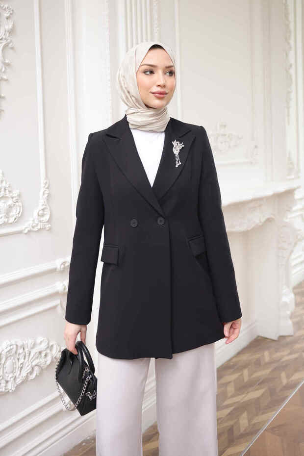 Black Double-Breasted Collar Brooch Detailed Lined Blazer Jacket