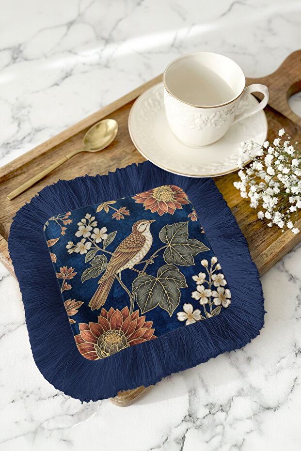 Luxury Bird and Flower Motif Fringed Presentation Napkin - Vintage Rustic Navy Blue Coaster Tissue