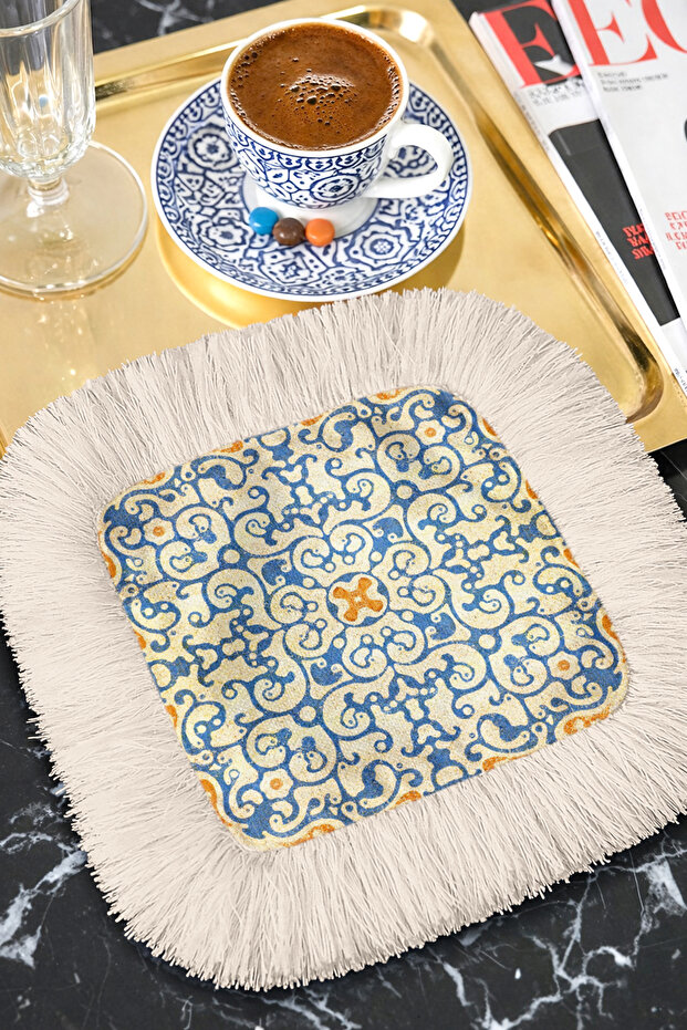 Luxurious Ottoman Motif Fringed Presentation Napkin - Elegant Mediterranean Bohemian Blue Cream Coaster Tissue