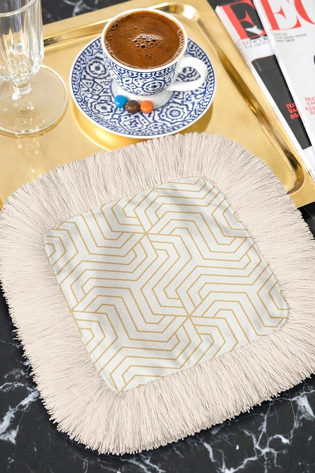 Geometric Luxury Fringed Presentation Napkin - Timeless Bohemian Gold-Colored Patterned Coffee Presentation Napkin