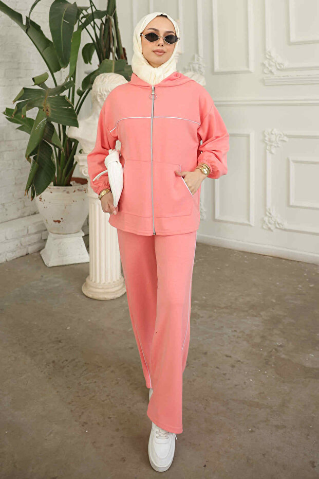 Salmon Hooded Zippered Sweat Cardigan Pants Set