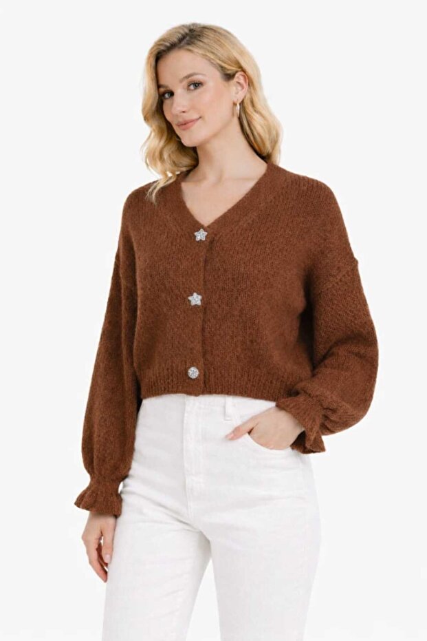 Women’s Cropped Knit Cardigan with Star Buttons – Long Sleeve V-Neck Soft Winter Sweater