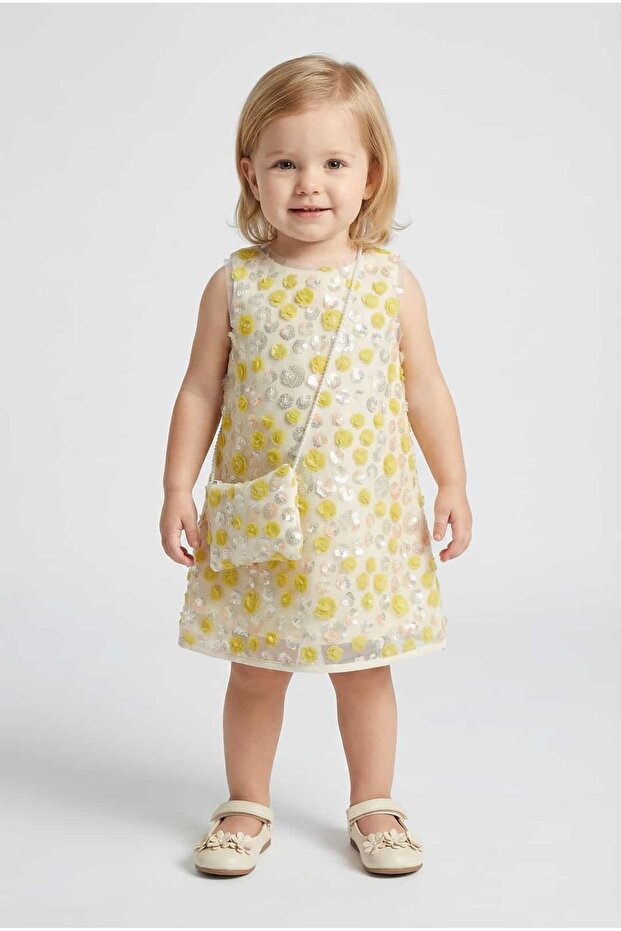 Girl's Off-White Sequin Embroidered Dress with Bag (2-5)