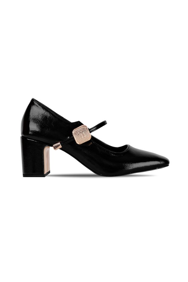 Quiny Women's Single Strap Gold Buckle Detailed Patent Leather Heeled Shoes 4363