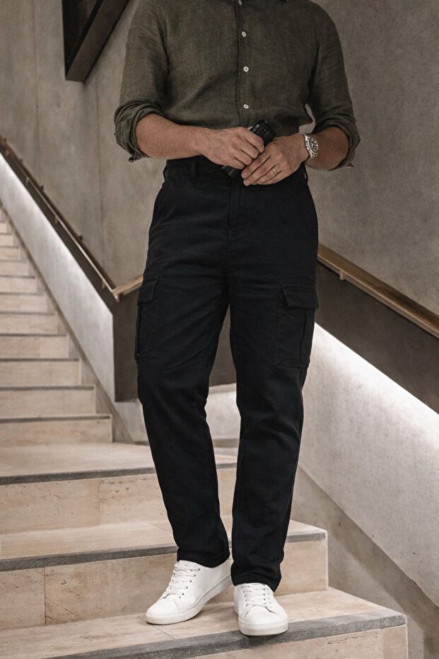Men's High Waist Wide Leg Black Cargo Baggy Pants