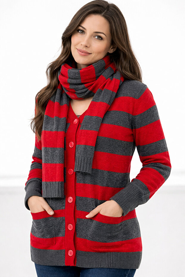 Women's Striped Cardigan with Scarf Combination