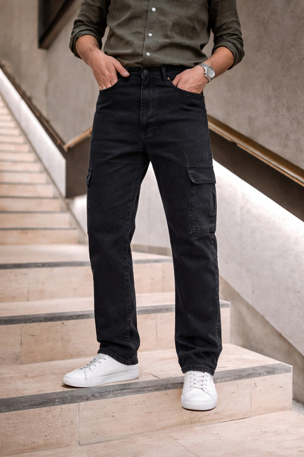 Men's High Waist Wide Leg Smoked Cargo Baggy Pants