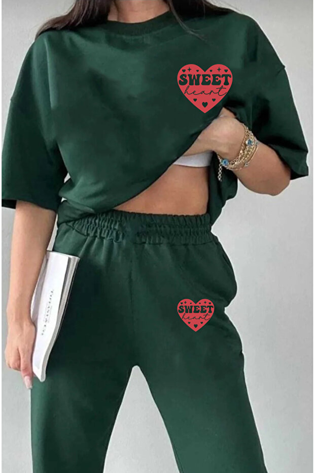 Women's Heart Printed Short Sleeve T-Shirt Sweatpants Top and Bottom Set