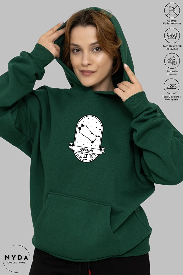 Unisex Hoodie Gemini Gemini Printed Hooded Oversized 100% Cotton Combed Cotton Sweatshirt