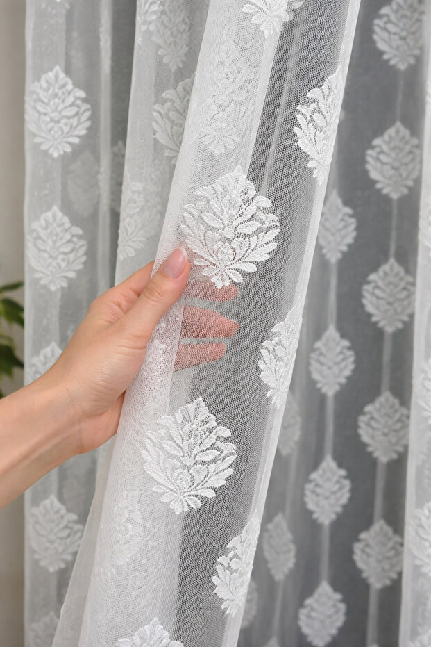 Floral Patterned Knitted Tulle Curtain 1/2.5 Medium Pleat – Wrinkle-Free Stylish Living Room Tulle Modern Decorative