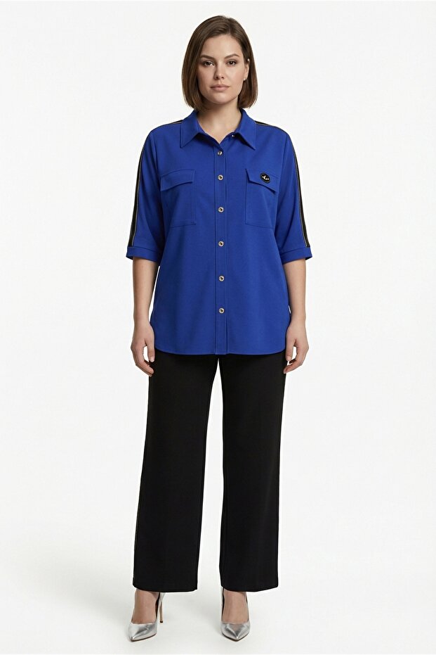 Women's Cobalt Blue Seasonal Elastic Waist Double Pocket Buttoned Shirt-Pants Set with Accessories