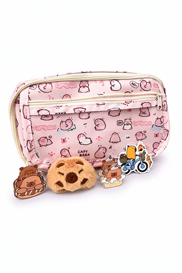 Capybara Patterned Multi-Compartment Pen Holder - a Plush Brooch - 5 Stickers - 2 Clips as a Gift