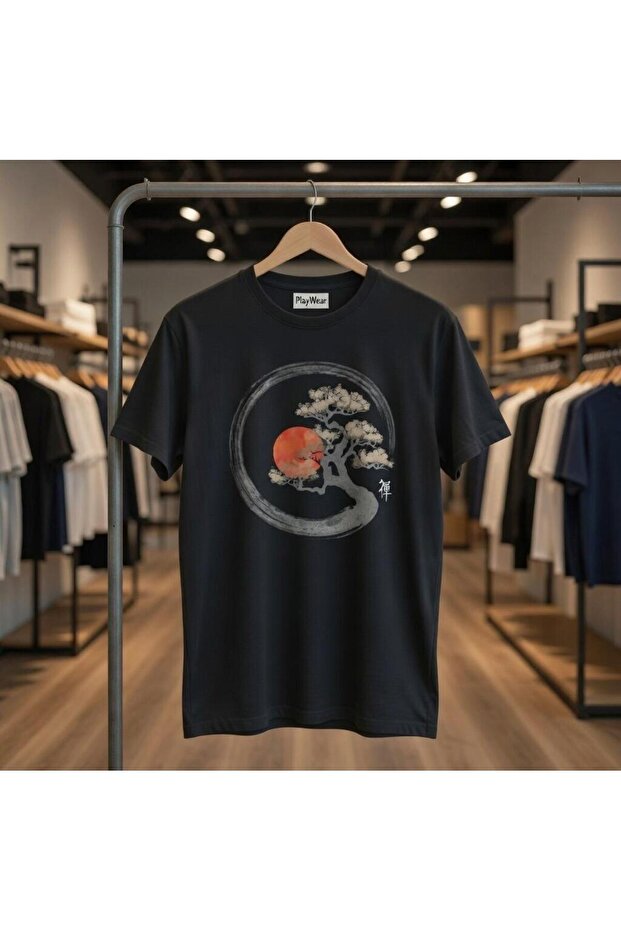 Loose Fit Unisex Enso Circle And Bonsai Tree On Canvas Design Printed T-shirt