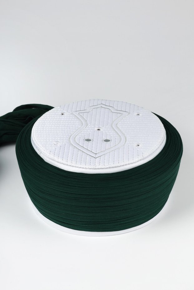 Children's Prayer Scarf - Green Fabric - White Skullcap - Plain Wrap - Nâli Şerif - 6 Meters (Züabeli)