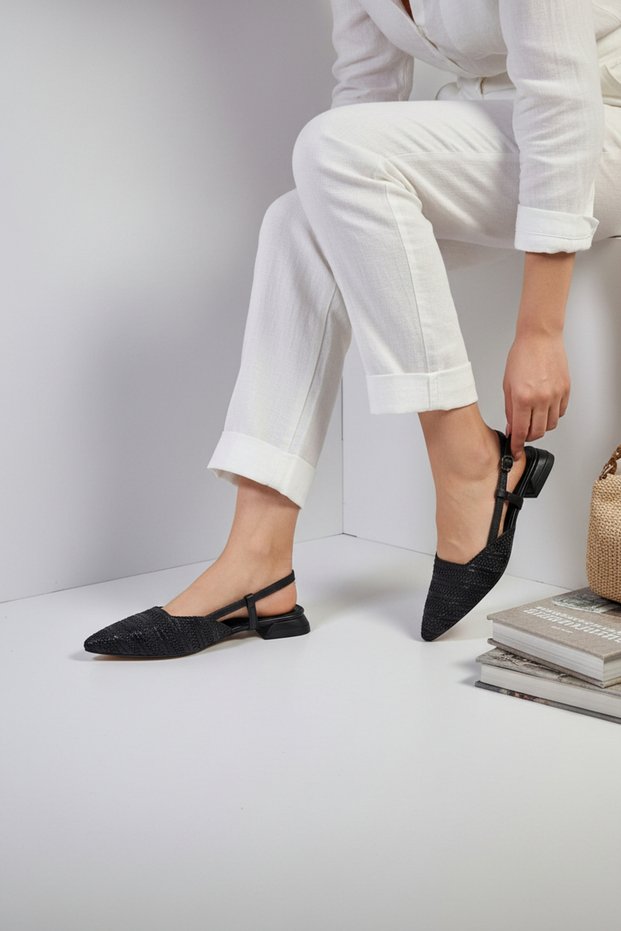 Straw Pointed Toe Women's Ballerina Shoes with Belt Detail, Short Heeled, Stylish Casual Shoes