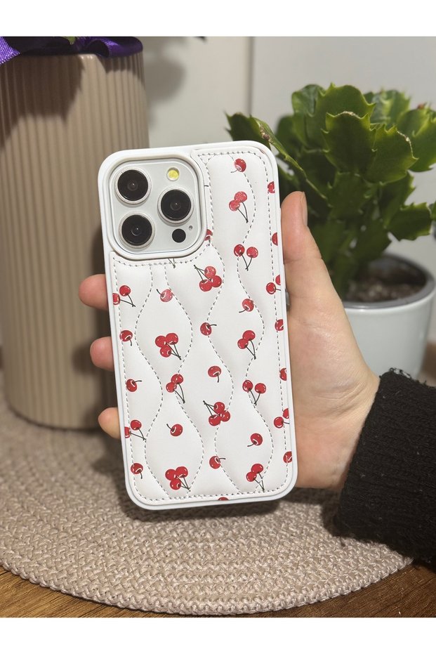 Premium cherry patterned inflatable quilted phone case compatible with iphone 16 pro