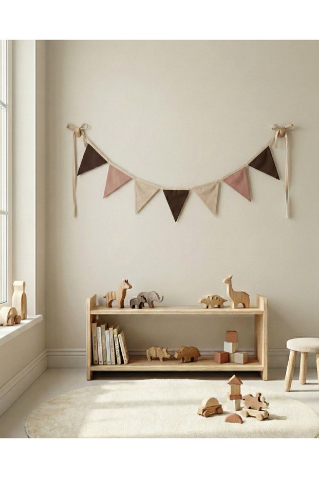 Fabric Banner 7-Piece Pennant Wall Decoration, Earth & Powder Tone Triangle Banner, Baby and Children's Room Decoration