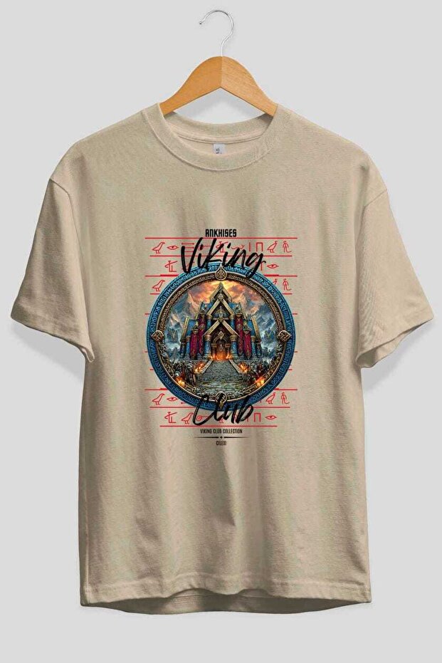 Valhalla Front Printed Beige Oversize T-Shirt Men Women Cotton Crew Neck T-Shirt