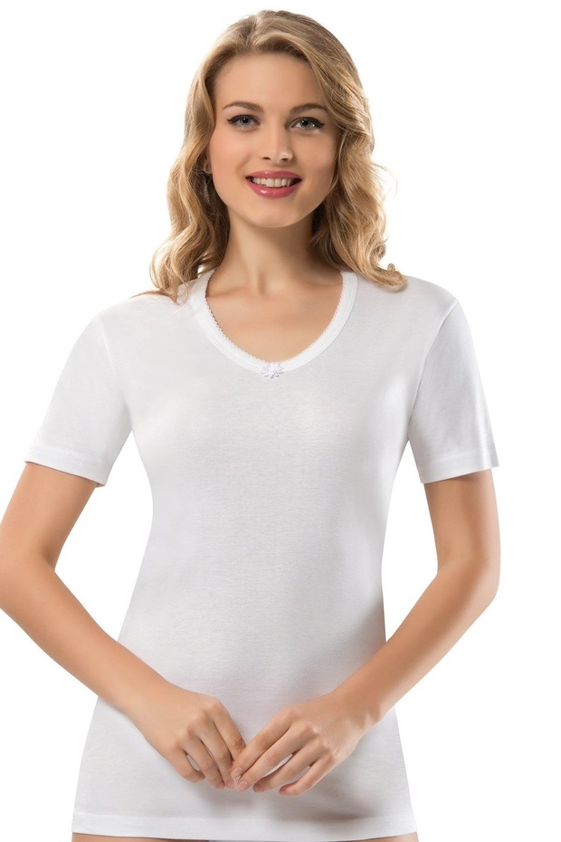 Women's White Embroidered Edges V-Neck Short Sleeve 6 Pack Ribbed T-Shirt Undershirt 2101