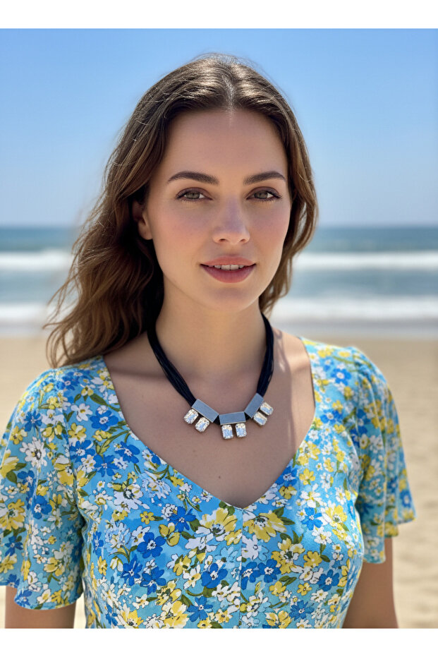 Black Multi-Strand Silver Geometric Stone Necklace – Modern Design Casual & Summer Stylish Women's Necklace