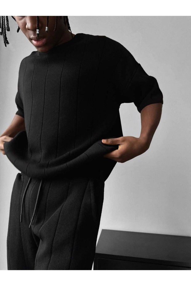 Men's Half Oversize Knitwear Shorts T-Shirt Set Striped Knitted Crew Neck Summer Top and Bottom Set
