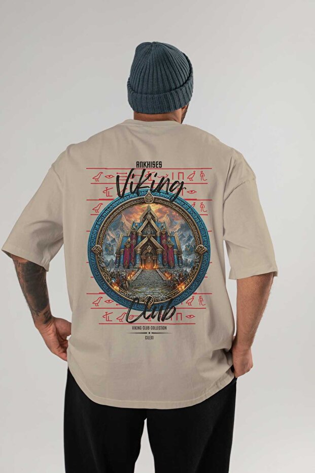 Valhalla Back Printed Beige Oversize T-Shirt Men Women Cotton Crew Neck T-Shirt