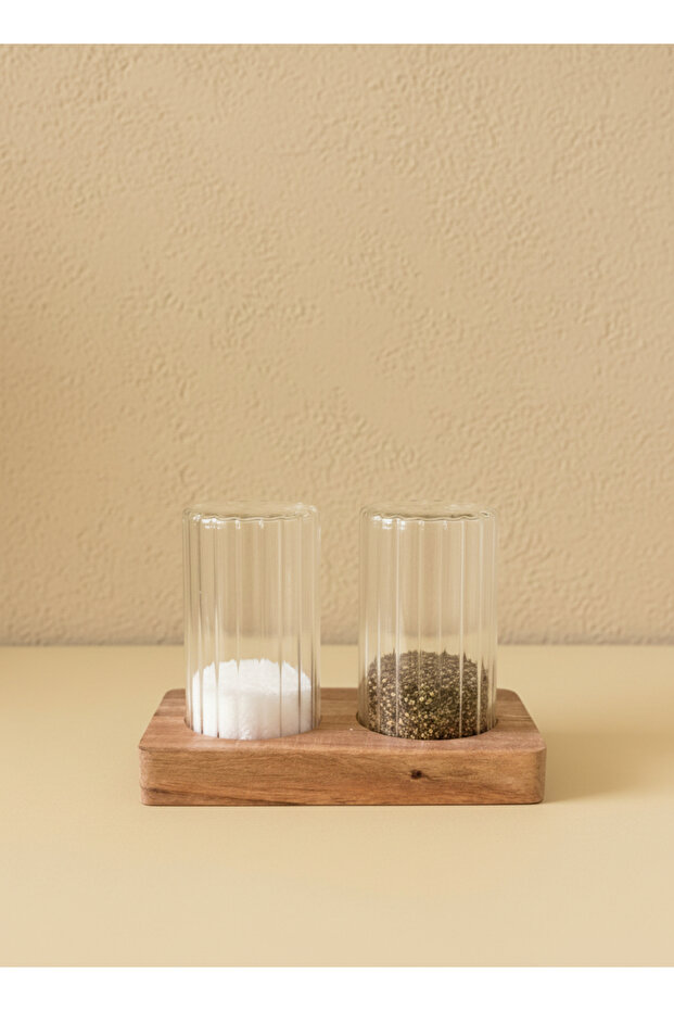 Adore Acacia Glass Salt Shaker Set with Stand