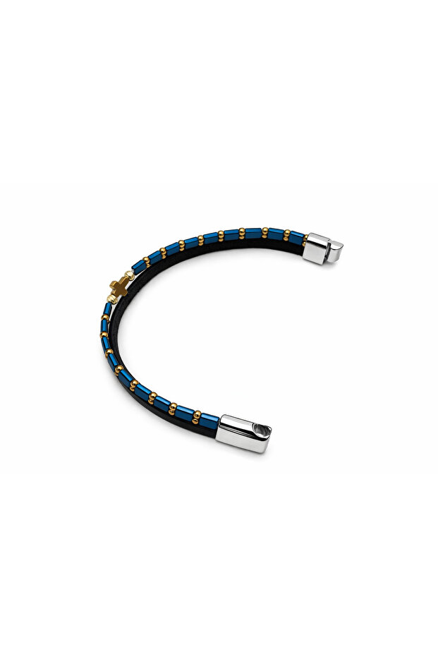 Double python Leather bracelet with blue hematite and cruciformite - 3