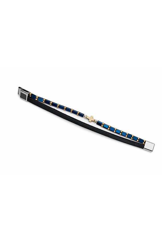 Double python Leather bracelet with blue hematite and cruciformite - 4