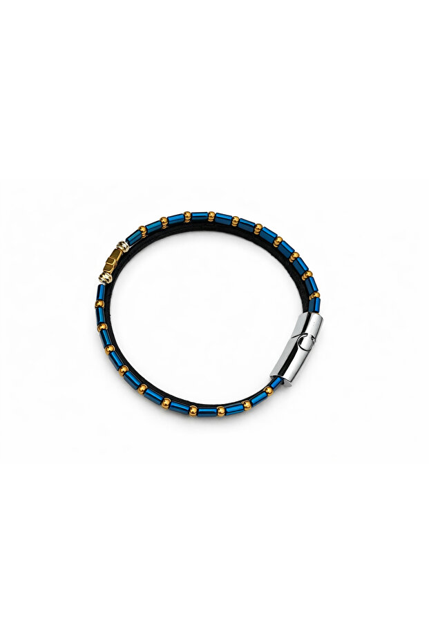 Double python Leather bracelet with blue hematite and cruciformite - 6