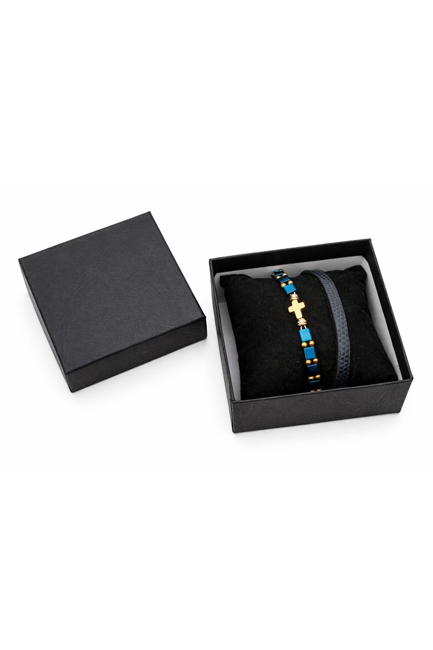 Double python Leather bracelet with blue hematite and cruciformite - 2