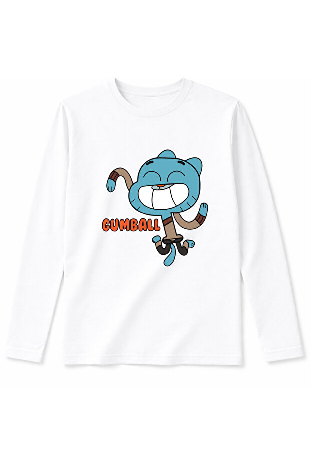 Long-Sleeved Single Gumball Character Printed Cotton T-Shirt