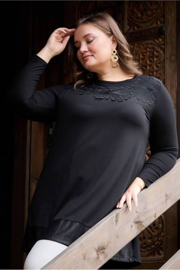 Women's Plus Size Embossed Tulle Floral Bead Detail Bottom Leather Look Flexible Viscose Long Sleeve Tunic