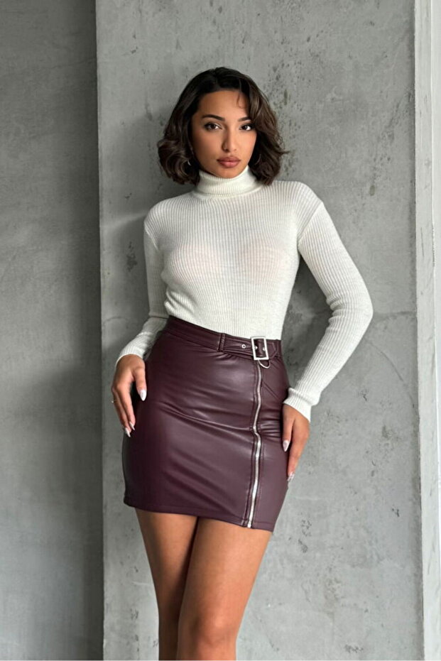 Zippered Leather Skirt - Burgundy | F0125
