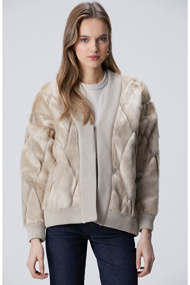 Bej Suni Kürklü Hırka - 1