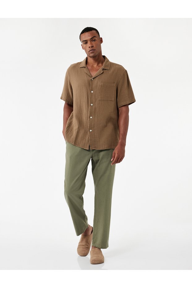 Linen Cotton Blend Trousers with Lace-Up Waist and Pocket Detail