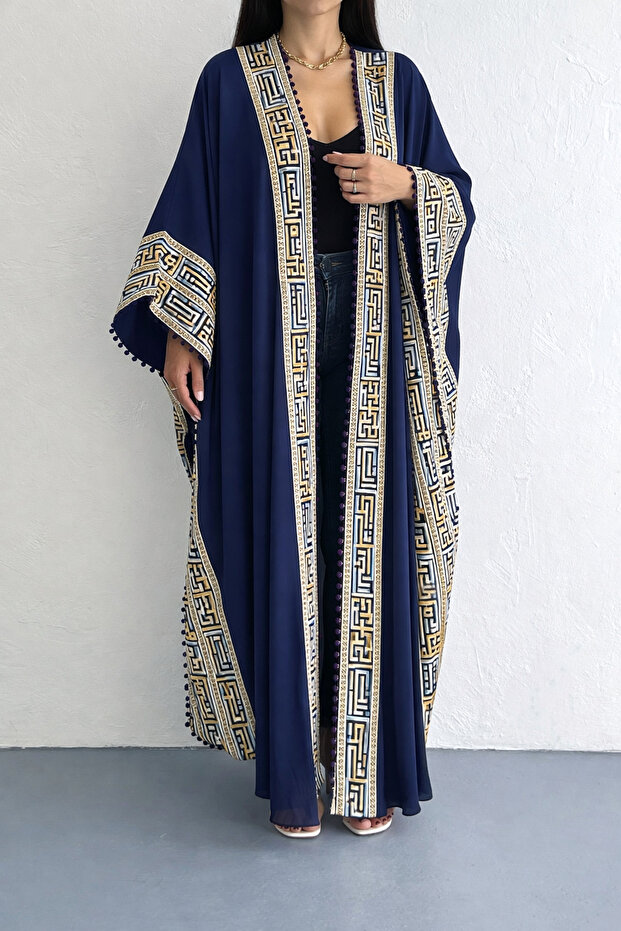 Navy Blue Chiffon Abaya With Embroidery Design