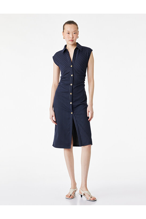 Slim Fit Drape Detailed Buttoned Sleeveless Midi Length Shirt Dress