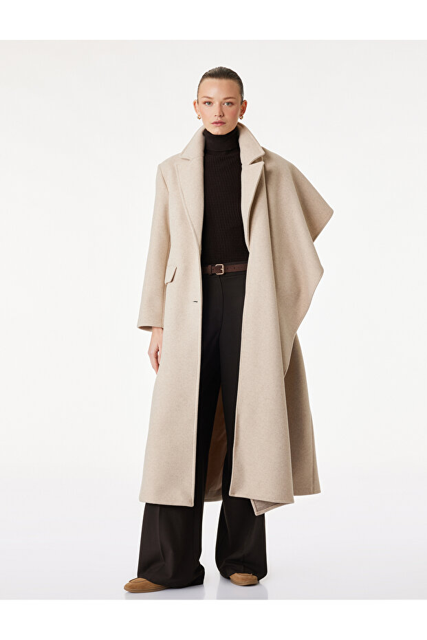 Long Sleeve Buttoned Pocketed Double-Breasted Shawl Collar Cashmere Coat