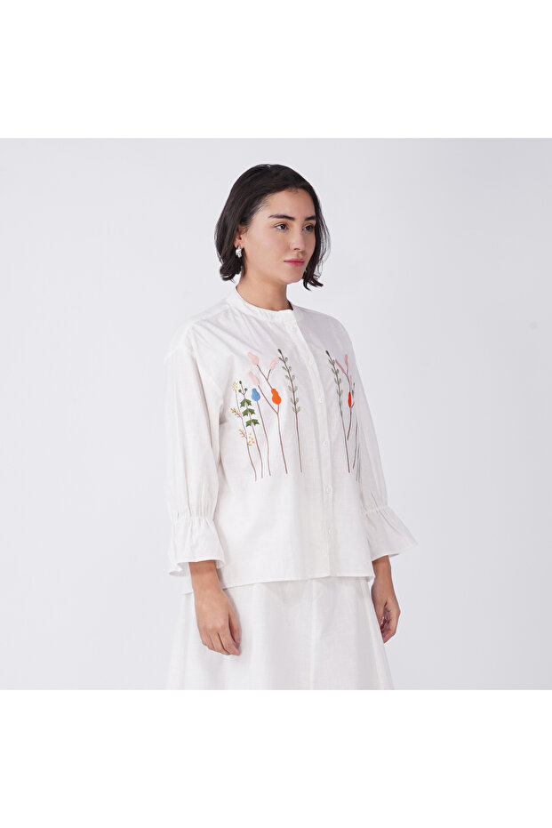 White Cotton Poplin Shirt with Floral Embroidery
