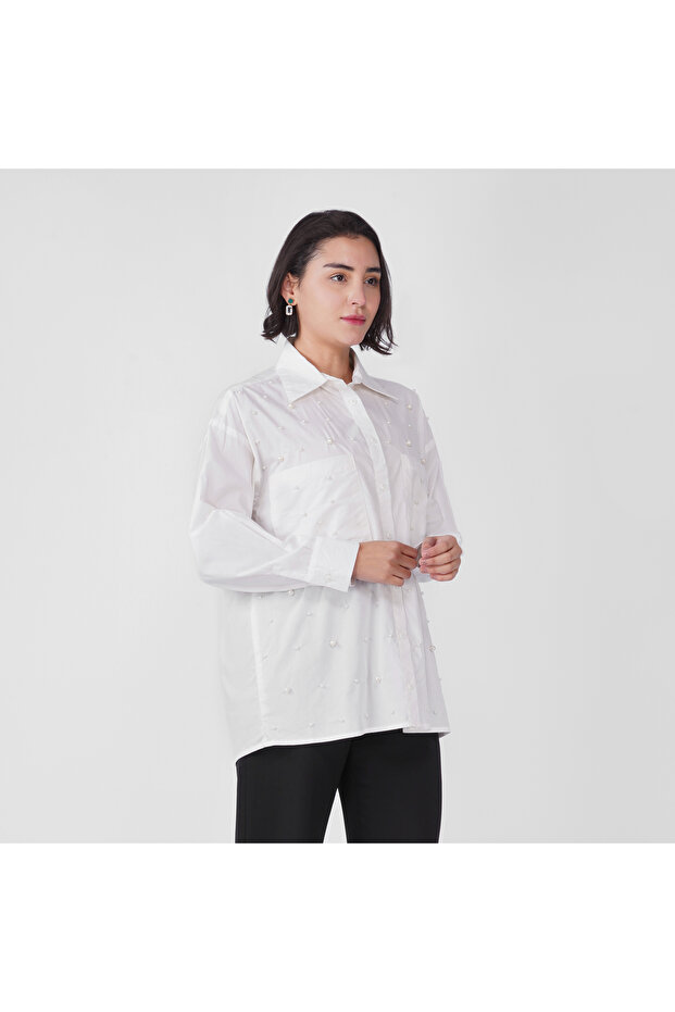 White Cotton Poplin Shirt with Pearl Detailing