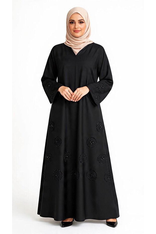 Black Abaya With handmade Circles at the bottom + head scarf