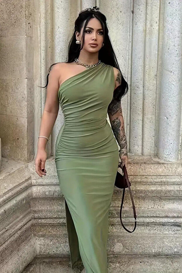 Oleander Tek Omuz Drapeli Yırtmaçlı Maxi Elbise - 3